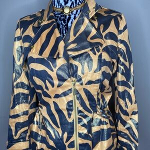 Berek Black and Tan Trench Coat with Artistic Design